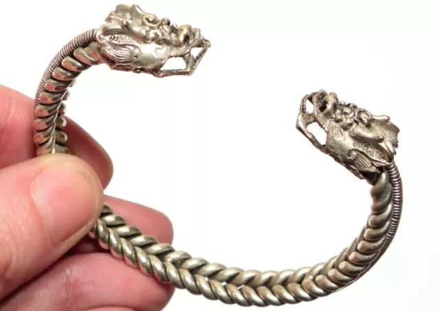 Antique Vintage Silver Tone Chinese Dragon Phoenix Bangle Bracelet