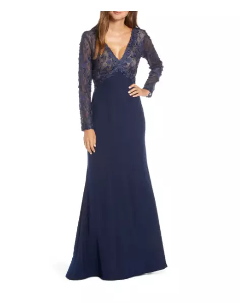 Tadashi Shoji Embellished Mesh Bodice Long Sleeve Trumpet Navy Gown Dress 14