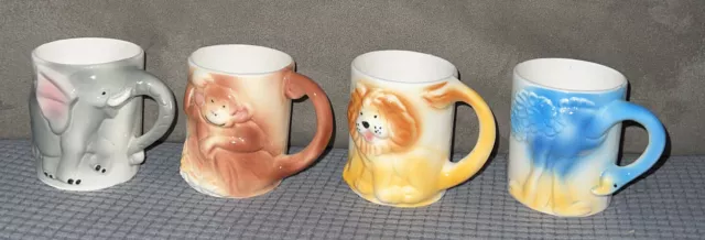 Vtg JSNY Animal Cups Mugs Ceramic Elephant Lion Ostrich Kids Mugs Swt of 4