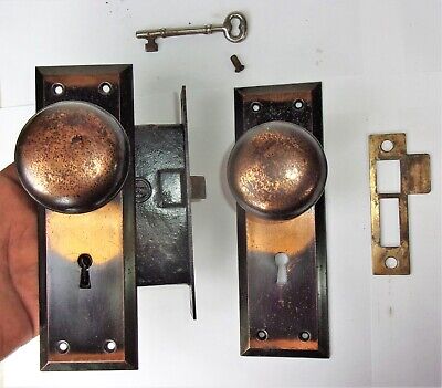 Antique Entrance Door Set Japanned Victorian Backplate Knob Mortise Lock Key