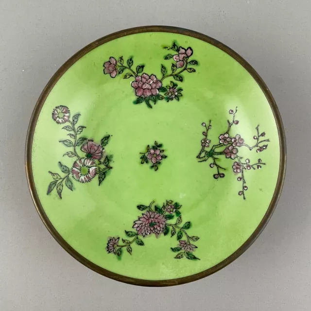 Vintage Japanese Porcelain Ware Brass Encased Bowl TFF Green with Pink Flowers