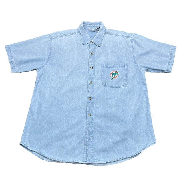 Vintage Miami Dolphins Jean Shirt Mens Large L Blue Short Sleeve Denim The Edge