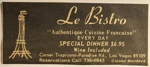 Las Vegas Nevada 1969 Advertising Clipping Le Bistro French Restaurant Tropicana