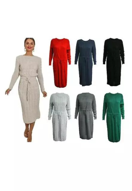 Women's Cable Knitted Jumper Ladies Long Sleeve Tie up Maxi Midi