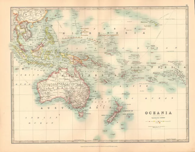 1911 Grande Vittoriano Mappa ~Oceania~ Australia Nuova Zelanda Micronesia