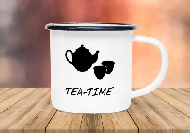 Emailletasse Tea-time (Teekanne + Teetassen) - Spruch Cup Becher Tasse Tee