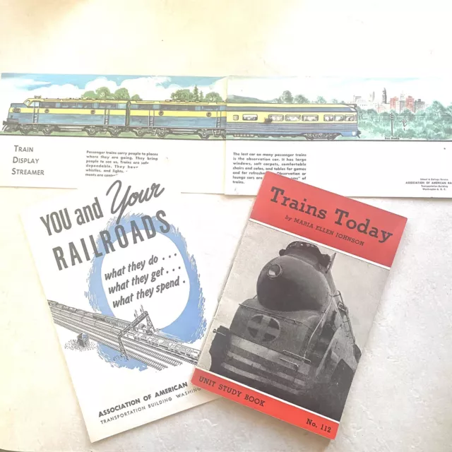 VTG 1940s Railroad Ephemera Children’s Lot - 2 Booklets + 6 Ft Banner/Streamer