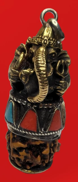 Rare Old Tibetan Bronze, Turquoise ,Coral Inlay Walnut Ganesha God Budda Pendant