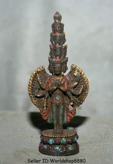 3.2" Old Tibet Bronze Painting 1000 Arms Avalokiteshvara of Goddess Lotus Statue