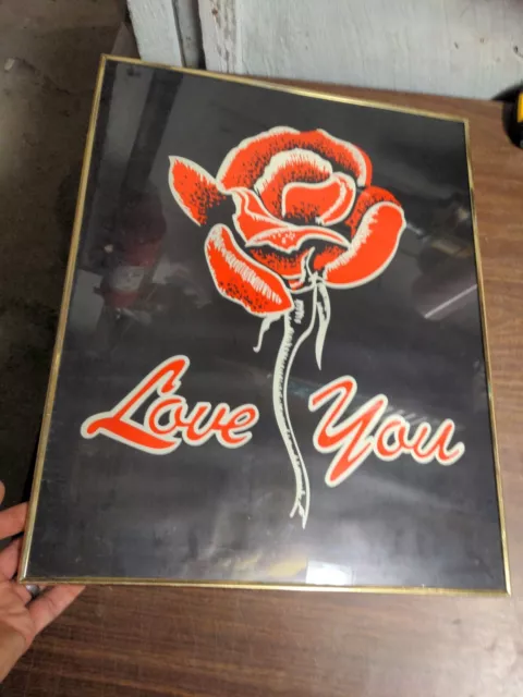 Vintage 1980's Love You Rose Flower  Carnival Poster 20 X 16 Plexiglass Framed