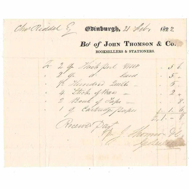 1822 Billhead, John Thomson & Co, Booksellers EDINBURGH