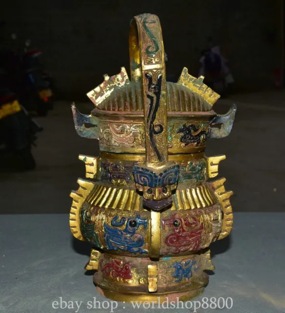 8.2"Old Chinese Bronze Gilt Painted Dragon Phoenix Beast Portable Lid Jar Pot