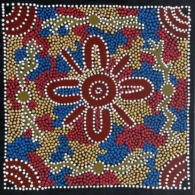 Aboriginal Art Colleen Bird Wallace DIGGING FOR WILD BUSH YAMS framed 35cm x35cm