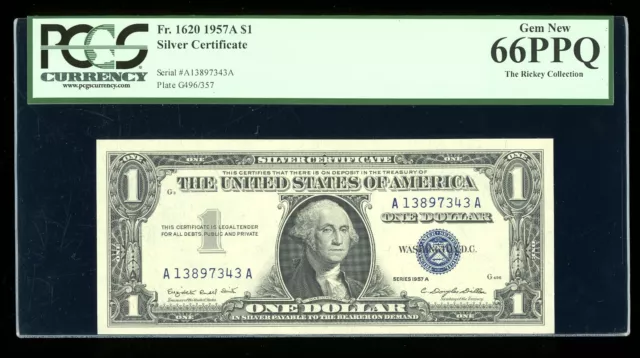 DBR $1 1957-A Silver Gem Fr. 1620 AA Block PCGS 66 PPQ Serial A13897343A