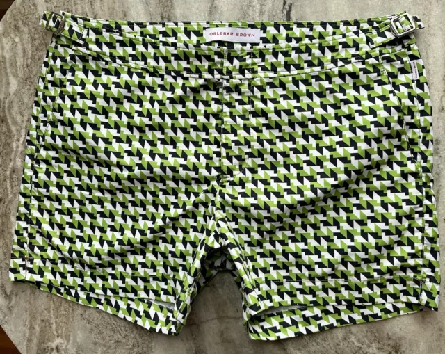 Orlebar Brown Setter Swim Trunk 34 Board Short Green Black White Geometric Print