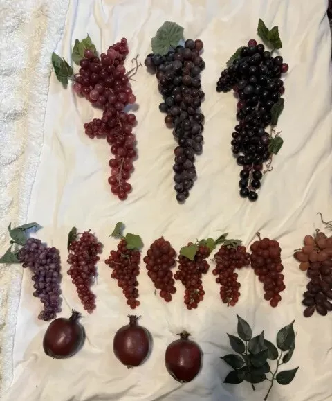 11 Bunches Of Decorative Artificial Grapes, 3 Fake Pomegranates, 1 Fruit bowl