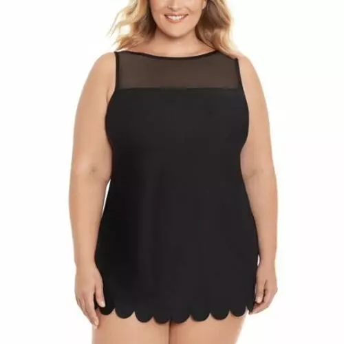$119 Swim Solutions Plus Size Mesh-Inset Tummy-Control Swimdress Black Size 22W