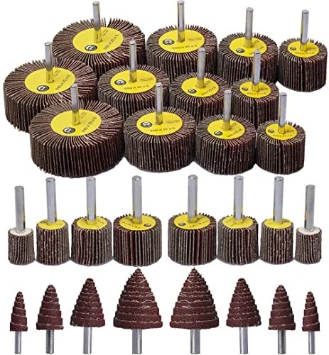 Abrasive Flap Wheel Sander Set,28 Pack 80 Grit 1/4" Shank Mounted Aluminum Ox...
