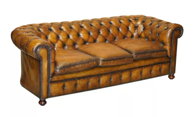 1960'S Hand Dyed Restored Cigar Brown Leather Chesterfield Club Sofa English