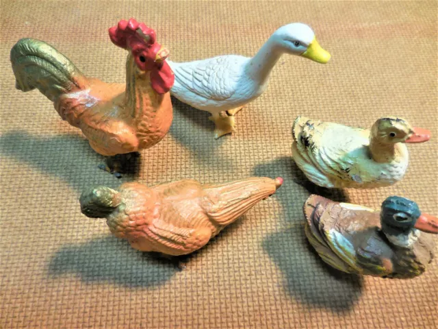 Lot of 4 Vintage Composition Barnyard Animals-Rooster, Hen, Ducks + Extra Goose