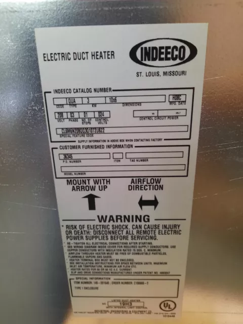 Indeeco 10" X 6" Duct Heater Type Qua/3Kw-208/3/1/24   Br2