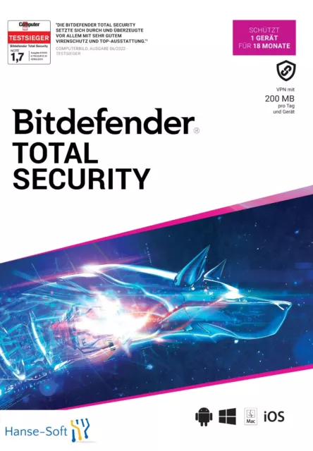 Bitdefender Total Security 2024 inkl. 200MB VPN, 1 Gerät, 18 Monate, Download