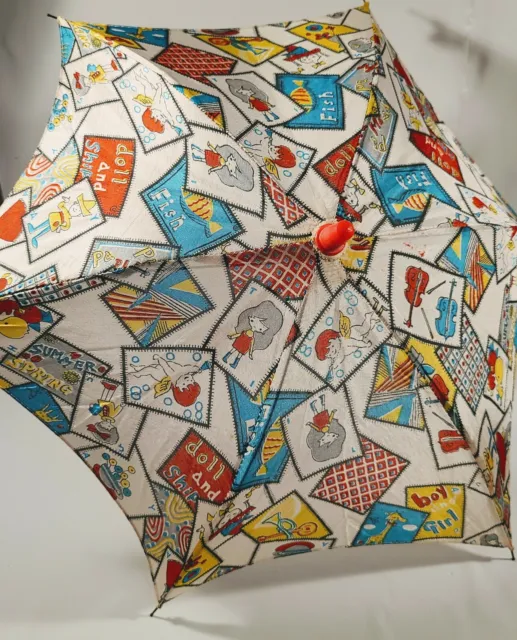 Vtg Umbrella Parasol Wooden Handle Fabric Childrens RARE 1940s 1950s Mid Century