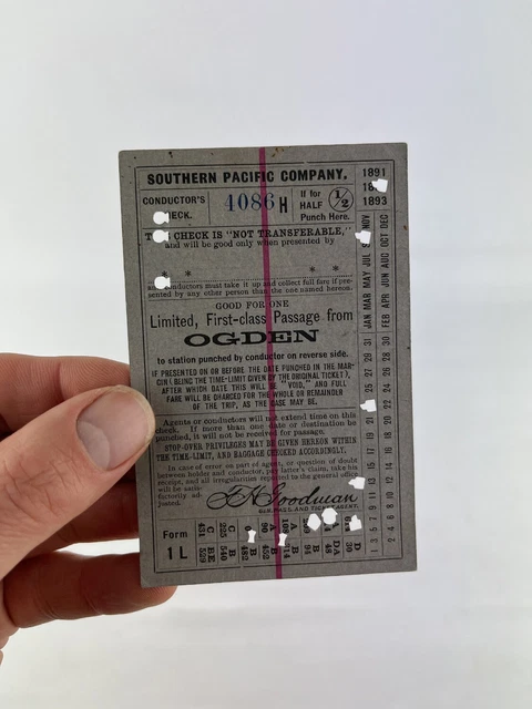 Antique 1892 Southern Pacific Company Us Railroad Ticket~Ogden/Los Angeles/1800S