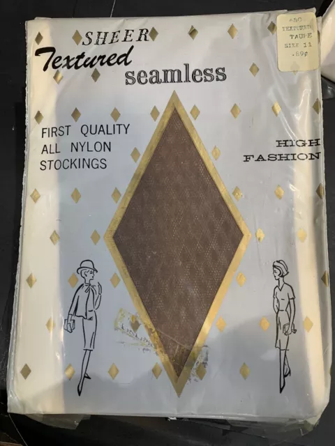 Vintage NOS Seamless SHEER TEXTURED Stockings Hosiery | ALL NYLON 11 Taupe