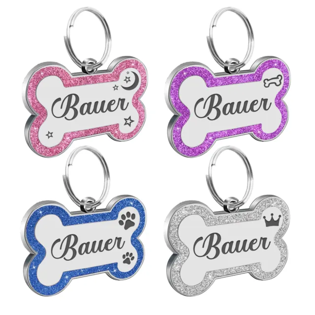 Personalised Dog Cat Pet Tag Laser Engraved Collar ID Tags Glitter Bone Name Tag