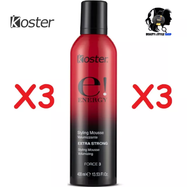 3 Pezzi Koster Energy Styling Mousse 400Ml Extra Strong Professionale Salone