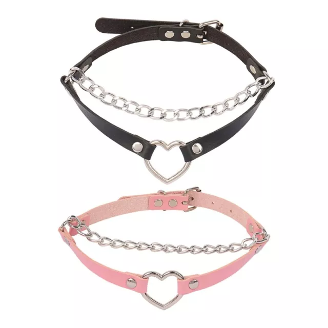 Heart Shaped Link Choker Punk Metal Chain Choker Adjustable PU Leather Collar