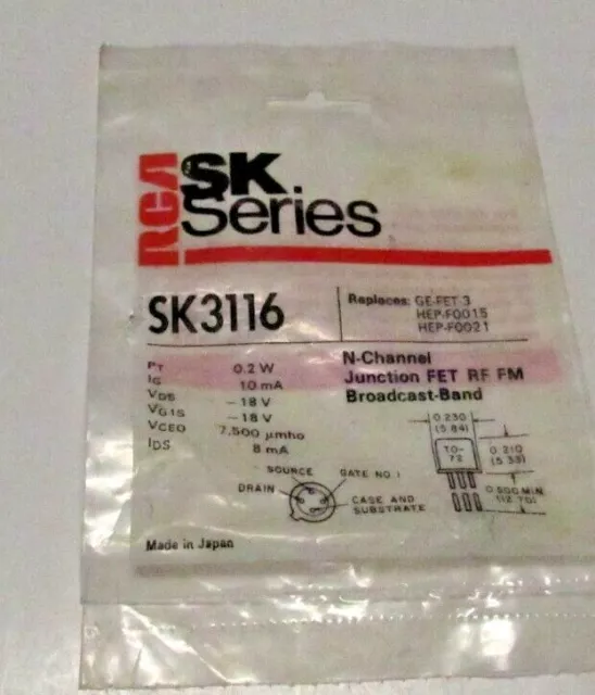 RCA SK3116 N-Channel Junction FET RF FM Broadcast Band SK Series Electronics
