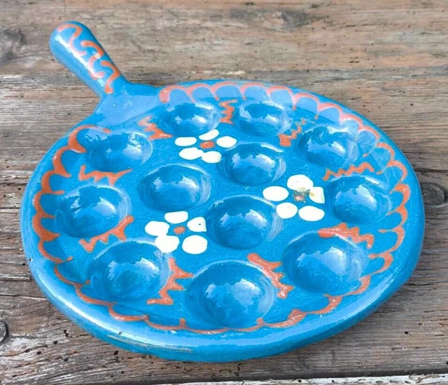 POÊLON À ESCARGOTS en céramique bleue 12 trous motifs Alsace Vintage EUR 15,00 - FR