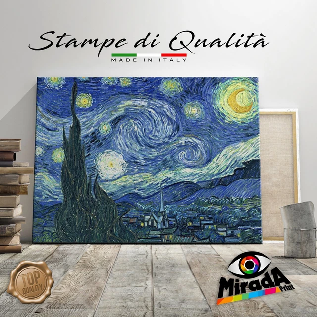 Quadro Vincent Van Gogh Notte Stellata - Tela Canvas 140x100 Cm, Telaio Legno Massello 5 Cm
