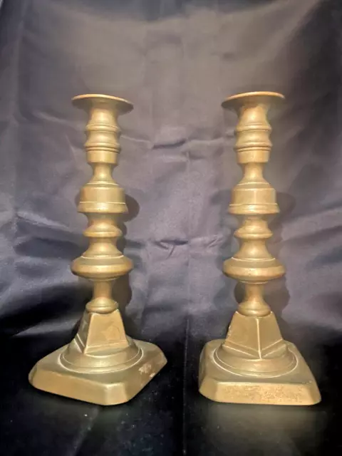 Pair Early Antique  19th century Brass Push up Candlesticks with Great Patina