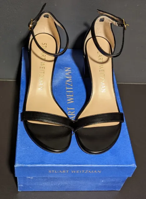 Stuart Weitzman Open Toe Simple Black Leather Sandals w/ Block Heel Sz 37.5  / 7