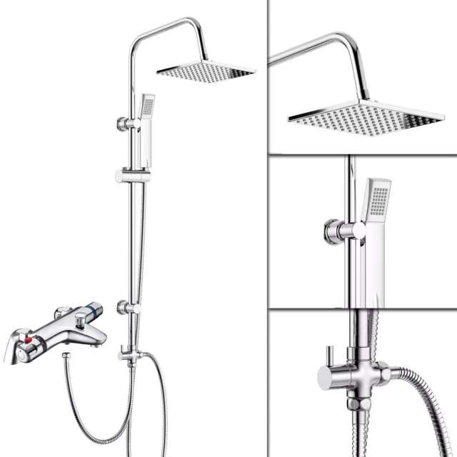 Chrome Thermostatic Bath Shower Mixer With 3 Way Square Rigid Riser Rail Kit *E