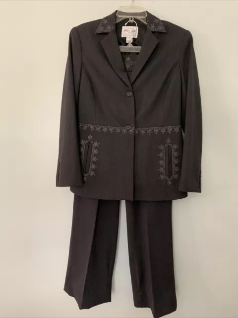 Oscar de la Renta Women's Suit Black Wool 2-Piece Blazer Slacks Size 8 Pre-Owned