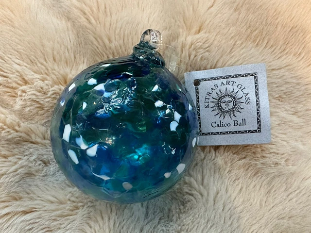 New Kitras Hand Blown Art Glass Ornament Calico Ball 3.5” Blue, Teal & White