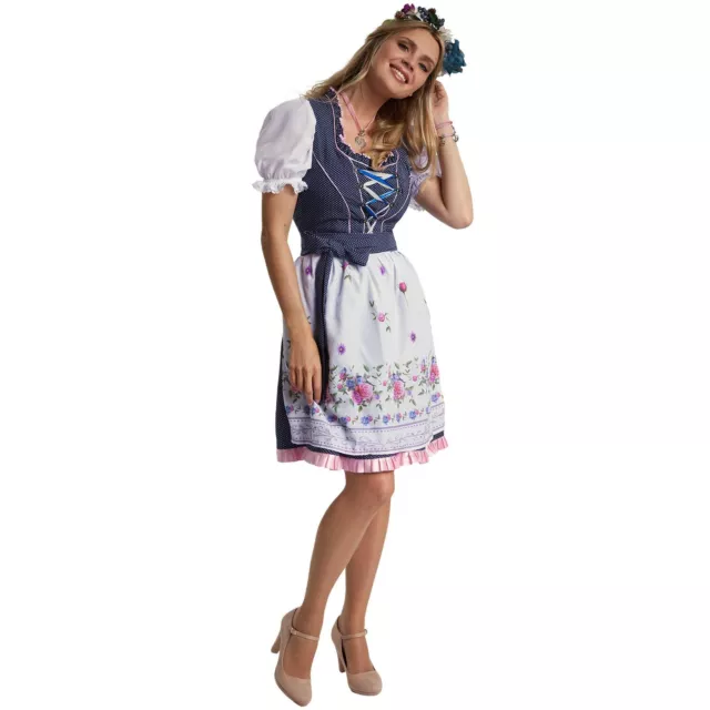 Damen Mini Dirndl Trachtenkleid Kleid Schürze Oktoberfest Volksfest Blau Weiß