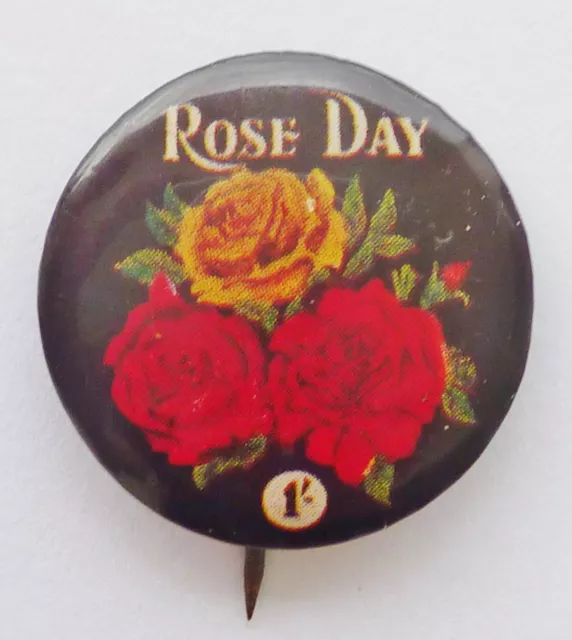 Australian VINTAGE tin badge tinnie 1/- ROSE DAY 25mm