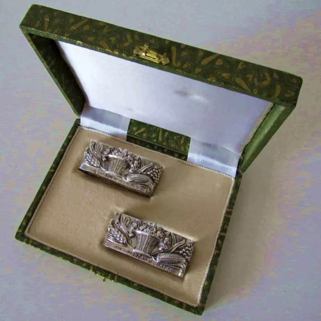 Boxed Pair Repoussé Antique Silver Art Nouveau Napkin Holders Rings