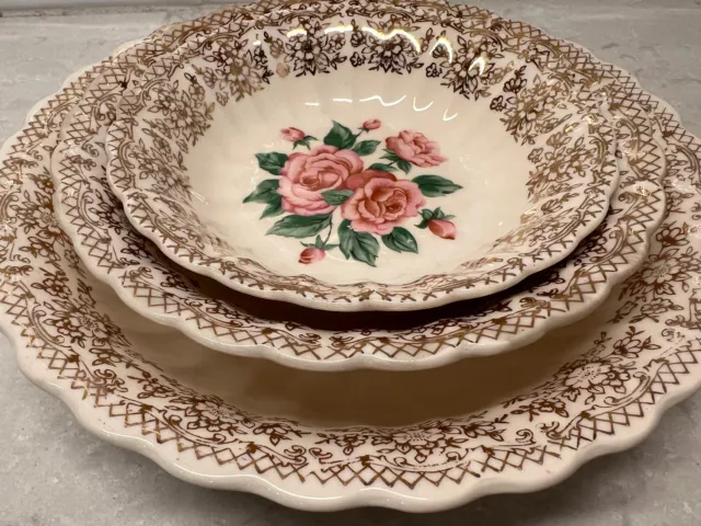 Vintage Sebring Pottery Co China Bouquet 22k Gold Trim Pink Rose Bowl Set 5 6 8"