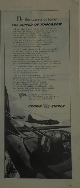 Magazine Ad* - 1943 - Crown Zipper - World War II