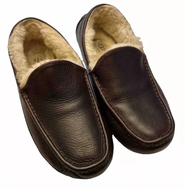 UGG Mens 8US Brown Leather Shearling Lined Slip On Ascot Slippers 5379 Shoes
