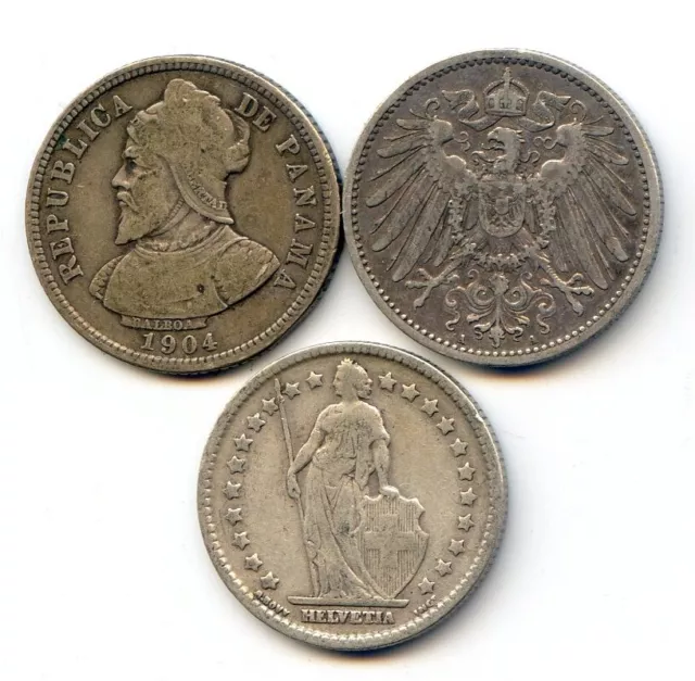 Nine quarter-sized silver world coins from different countries