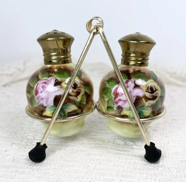 Enesco Japan Hand Painted Floral Salt Pepper Shakers in Stand Vintage Ceramic