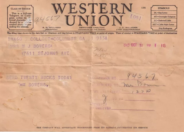 Vintage Western Union Telegram Sent October 1943