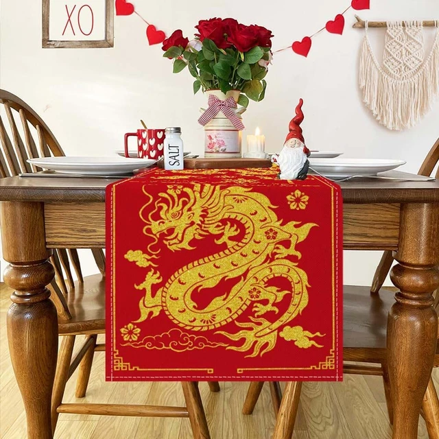CHINESE ZODIAC DRAGON Lunar 2024 New Year Table Runner, Spring Festival